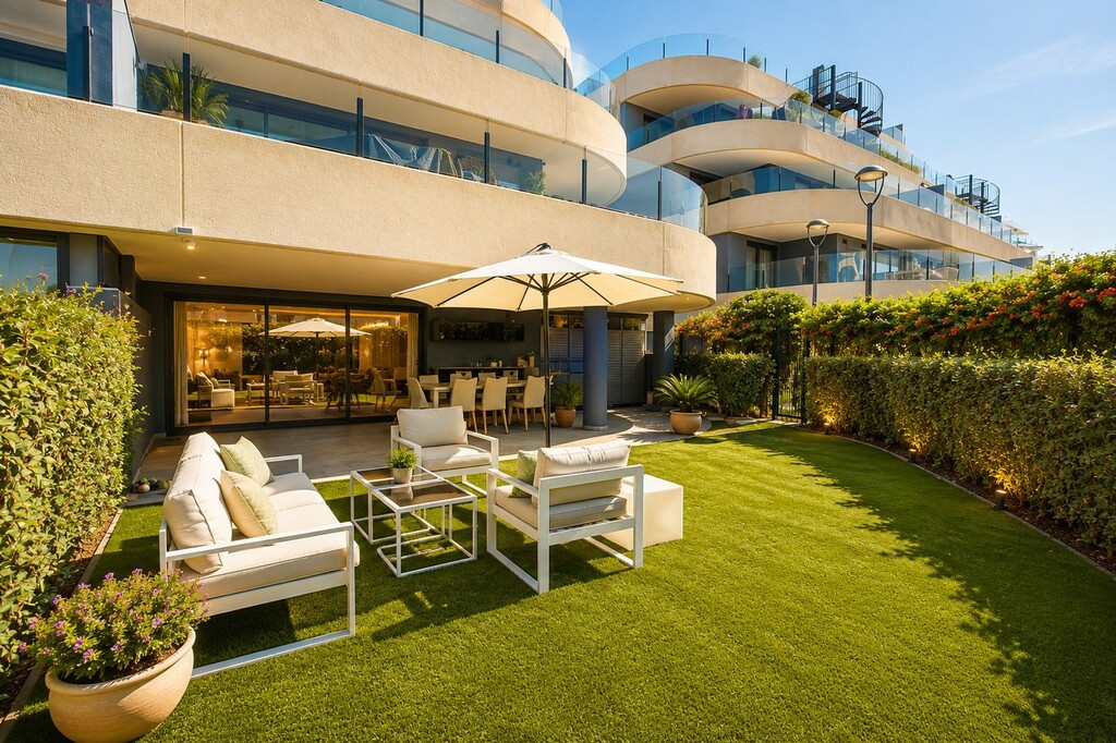 Hoekappartement begane grond — 3 slpk, tuin & zwembadzicht, Estepona in Estepona - hoofdfoto